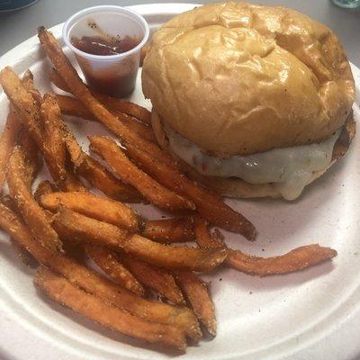 Pepper jack cheese burger + sweet potato fries