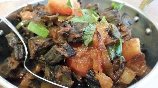Bhindi Masala....savory diced okra, onions, garlic, tomatoes and peas.