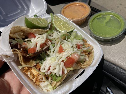 Chicken taco and ribeye Taco with avocado sauce and habanero sauce