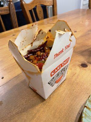 This is how much of our kung pao chicken was just water chestnuts and peanuts. We put it back in the container