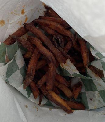Fries are cooked in beef tallow, but these were in a little too long.