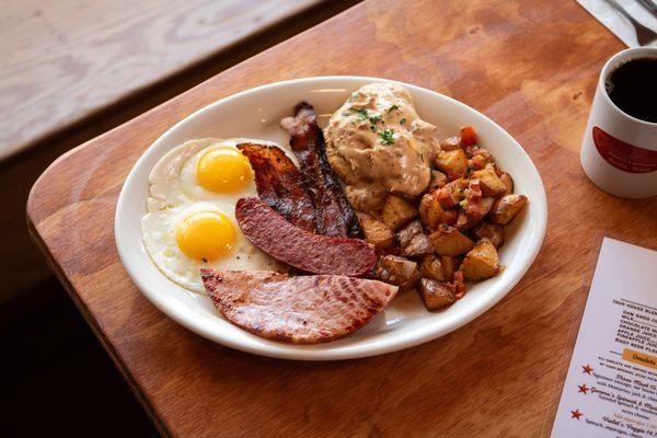 Texas Toast Longhorn Breakfast (Ham, Sausage, Bacon) & Biscuit with Chorizo Gravy