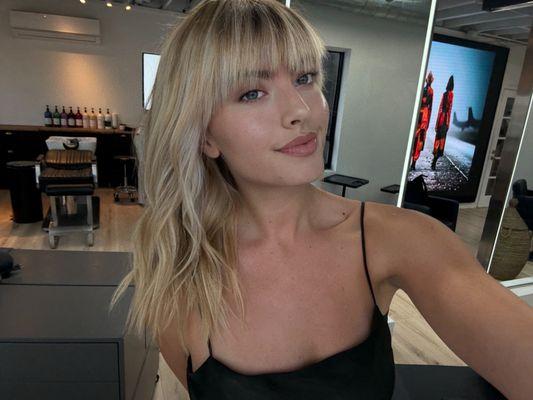 hair cut, blonde hair, bangs