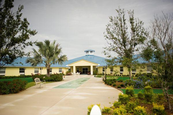 Large outdoor patio with shuffle board court
