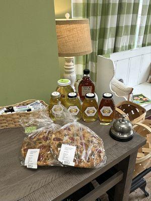 Register area - local honey, lip balm, fresh baked goods