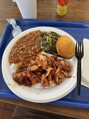 Bar-b-que chicken, baked beans, and collard greens and corn bread. Great!