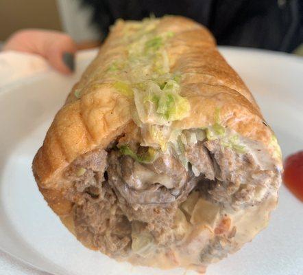 Cheesesteak with lettuce, tomato, grilled onions, mushrooms with mayo & ketchup!