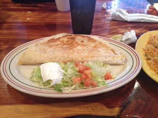 Monster Enchilada with Shredded Chicken, rice on the side.