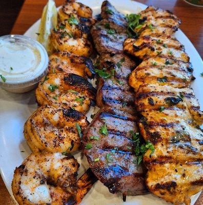 Grilled Jumbo Shrimp, Prime Steak and Chicken Kabob.