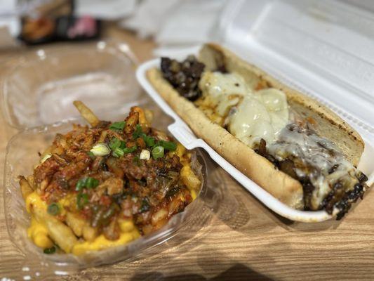 Kimchi Cheese Fries and K Cheesesteak Sandwich