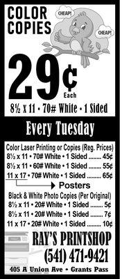 Ray's Print Shop Pricing. Cheap. Discounted Color Copies Every Tuesday.