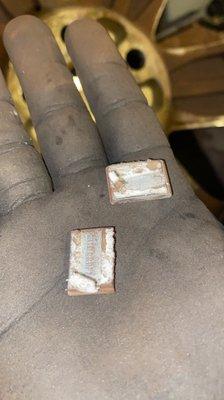 Removed wheel weights, you can see the brand new white foam confirming that they were the ones who installed them