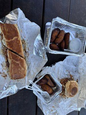 Left: pan con bistec, plantains, & the Cuban frita