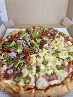 Half Ferroni's combo half Hawaiian with jalapeños.