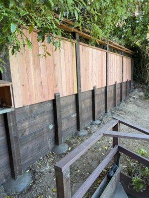 Retaining wall with attached fence.