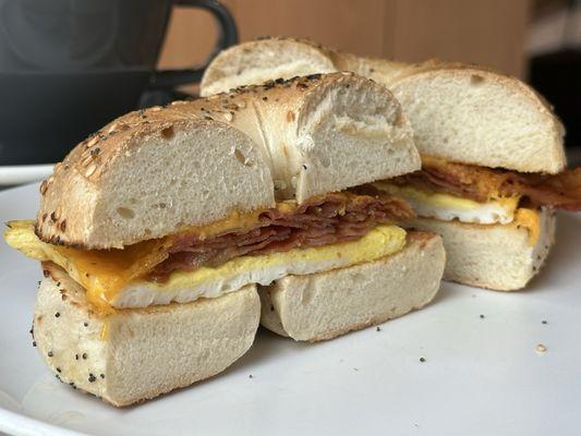 Bacon egg and cheese on everything bagel: not bad, cheese and bacon nice and crispy.