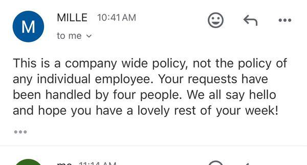 The rude response I received when asking for a customer service manager.