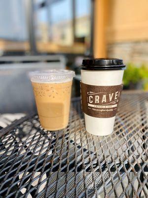 Iced latte with cold foam and a hot chai tea latte.