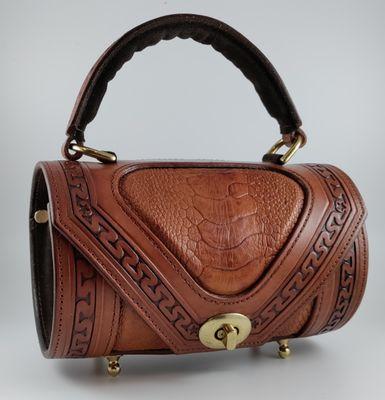 Hand Tooled Ostrich Leg Leather Inlay Cylinder Purse