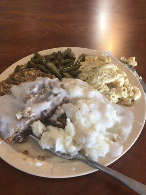Breakfast and lunch specials Mashers, gravy, green beans, Mac n cheese chicken fried steak.... Yummm