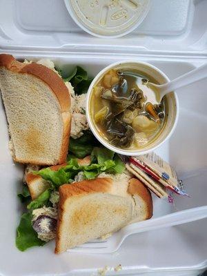 Ham/Bean soup with Kale and Chicken Salad sandwich on white bread