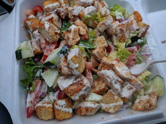 Chicken Caesar salad with all the veggies and white sauce. No cheese.