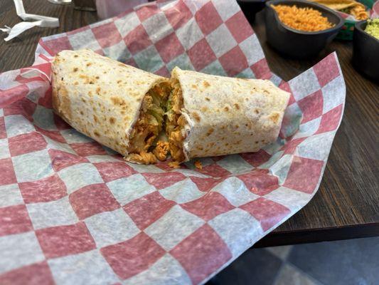 Rey Mysterio Burrito was fresh with chicken, rice, cheese, pico, beans and lettuce