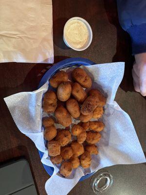 Corn dogs and cheese curds with excellent ranch dressing