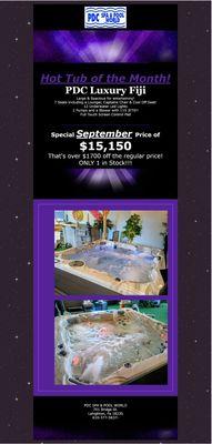 Hot Tub Sale of the Month!
PDC Luxury Fiji Hot Tub
Large & Spacious for entertaining!
7 Seats including a Lounger, More! 1 In Stock!