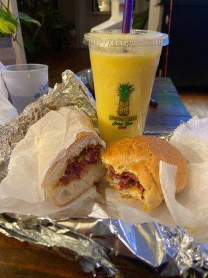 Fresh made Reuben sammy on a hero with a L tropical smoothie $16