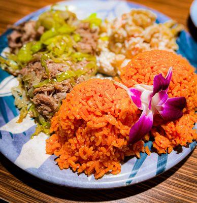 Kalua Pork with Red Rice and macaroni salad Instagram mel_foodie_ventures