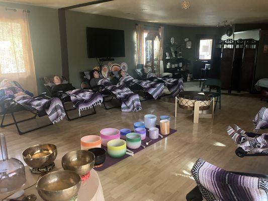 Group Sound Baths are every Sunday and provide zero gravity chais for you to come deeply relax, restore and rejuvenate your bodies.