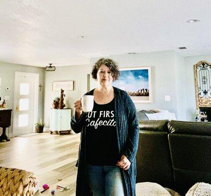 But first coffee tank top in emerald with long cotton topper from Soma