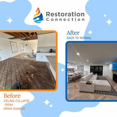 Before and After
Ceiling Collapse due to Drain Damage