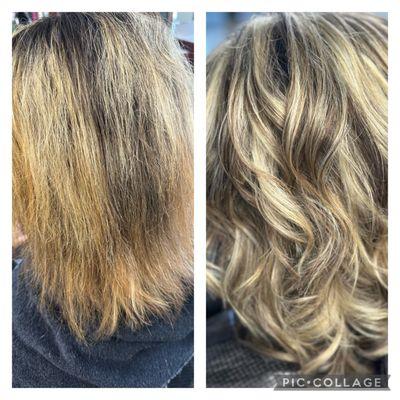 Before and after. Color by Loree. She had super damaged hair and left with healthy hair. She was so happy. U love  what I do so very much.