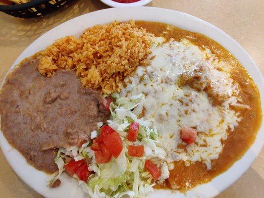 Thursday lunch special: chili verde enchiladas with rice and beans.