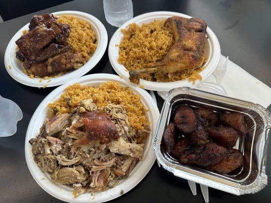 3 lunch orders of Pernil, chicken, and ribs. Side of plantains.
