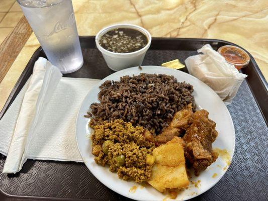 Rice and beans, picadillo and ribs