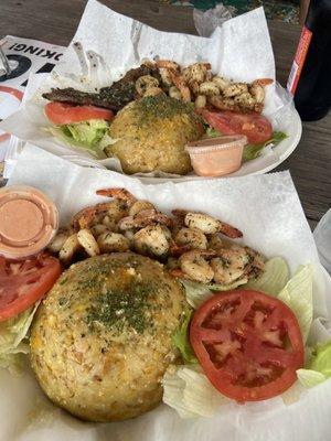 Mofongo de camarones y churrasco