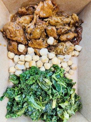 Chicken teriyaki (seitan), steamed chickpeas, steamed kale.