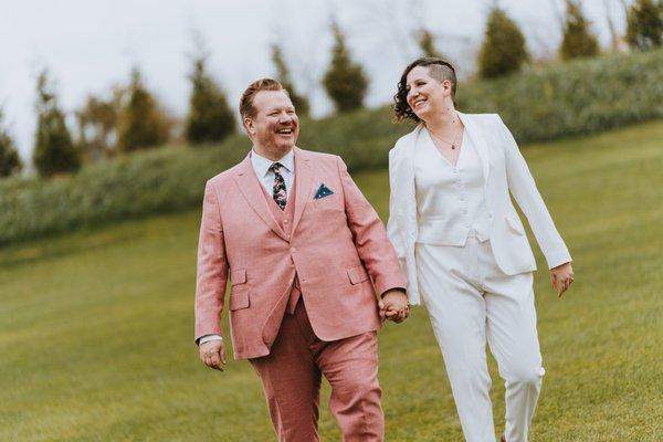 3-piece white women's tuxedo on the right