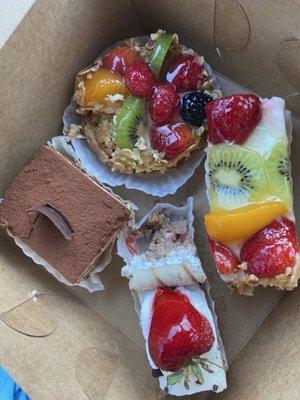 Tiramisu, fruit tart, Black Forest cake, fruit cake