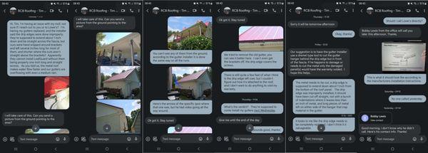 Screen shots of texts with Tim Craft of RCBS, where he first promises to take care of it, then backpedals and eventually stops replying.