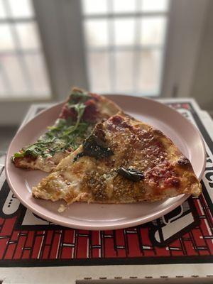 Eggplant carmelized onion pizza and prosciutto & basil pizza