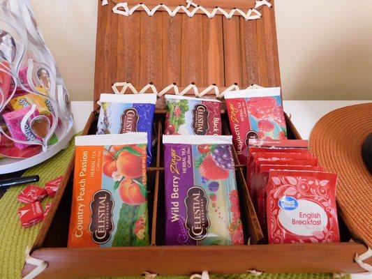 In addition to bottled water and coffee, there is a nice selection of tea to choose from on the snack counter.