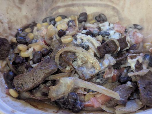 Bowl - Steak, onion, corn, tomatoes, black beans, nata