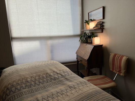 View of large window behind a cozy massage table.