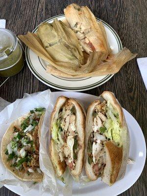 Tamale, chicken torta and taco.