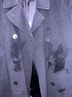 My ruined L. L. Bean wool peacoat. Looked like this when I pulled off the plastic cover they put over it.