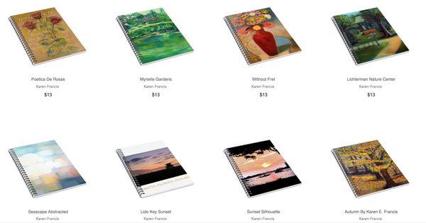 Spiral Notebooks w/ art covers by Karen Francis are handy for outlining novels, making lists, writing song lyrics. 200 to choose from.